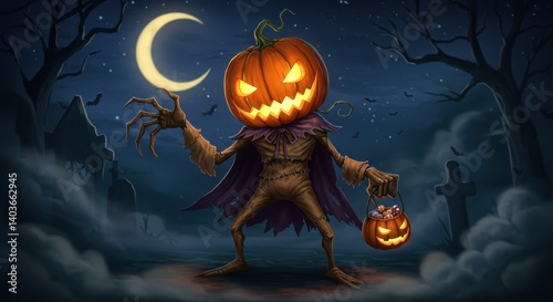 Cartoon Pumpkinhead Trickster with Glowing Face