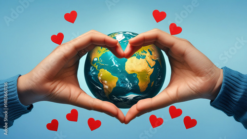 Two hands forming a heart around the Earth, symbolizing global love and unity against a serene light blue backdrop sprinkled with small red hearts.