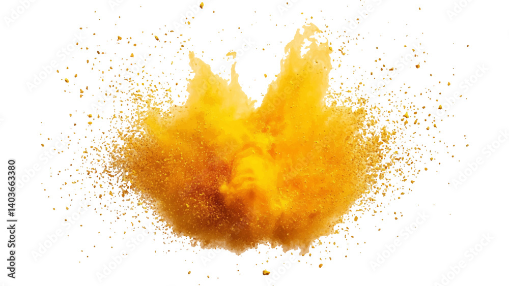 Holi paint explosion of dry yellow paints on a white transparent background. Colorful holi powder on white background. Holi paint explosion of dry yellow paints on a white transparent background. Colorful holi powder on white background.