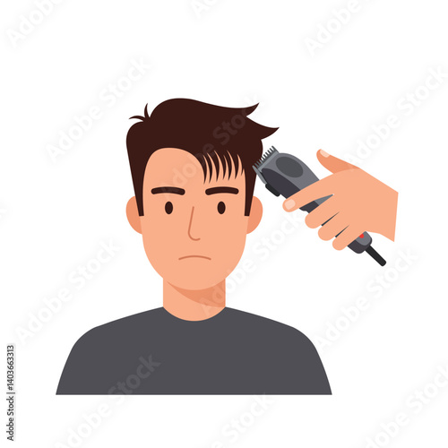 Young man receiving a haircut with clippers in a modern barbershop setting
