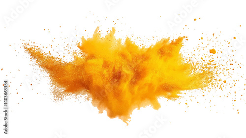 Holi paint explosion of dry yellow paints on a white transparent background.  Colorful holi powder on white background.