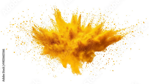 Holi paint explosion of dry yellow paints on a white transparent background.  Colorful holi powder on white background.