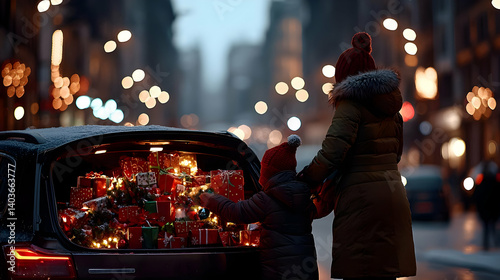 Family Loading Christmas Gifts Into Car Trunk at Night in a Snowy City Surrounded by Festive Decorations and Warm Lights