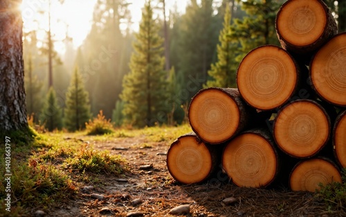 Stack of cut pine logs in forest at sunrise, sustainable wood harvesting and natural forestry background