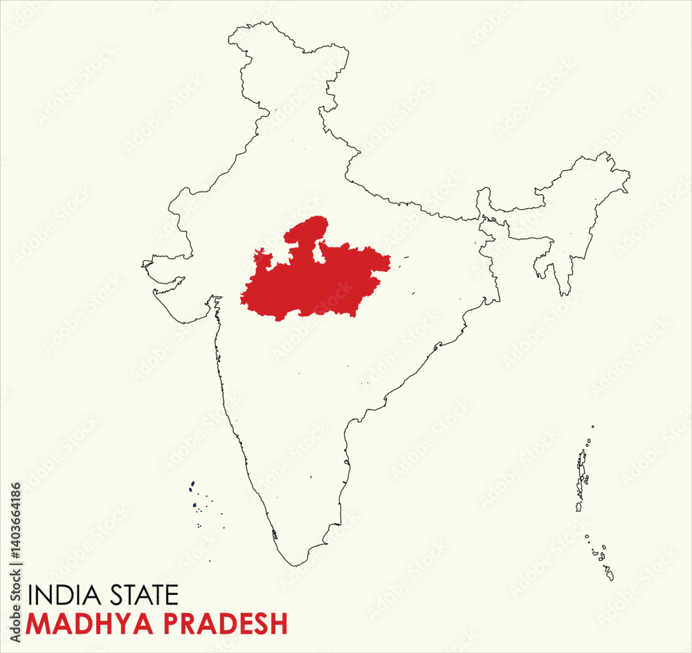 Obraz premium Map of Madhya Pradesh, Map of Madhya Pradesh with Indian Map, Madhya Pradesh state of India Vector Illustration. 