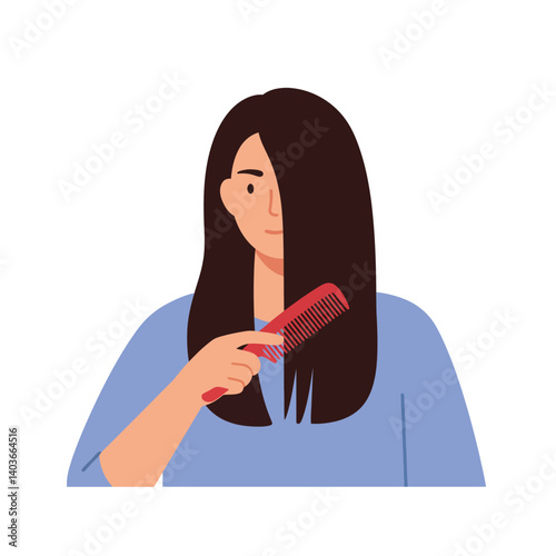 Woman combing her long hair with a red comb in a casual setting