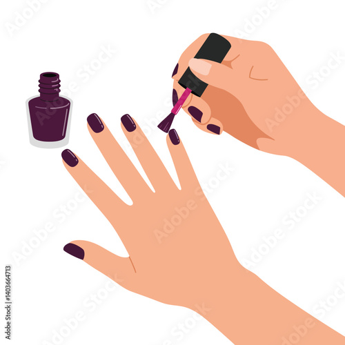 Hands applying dark purple nail polish with a bottle beside them