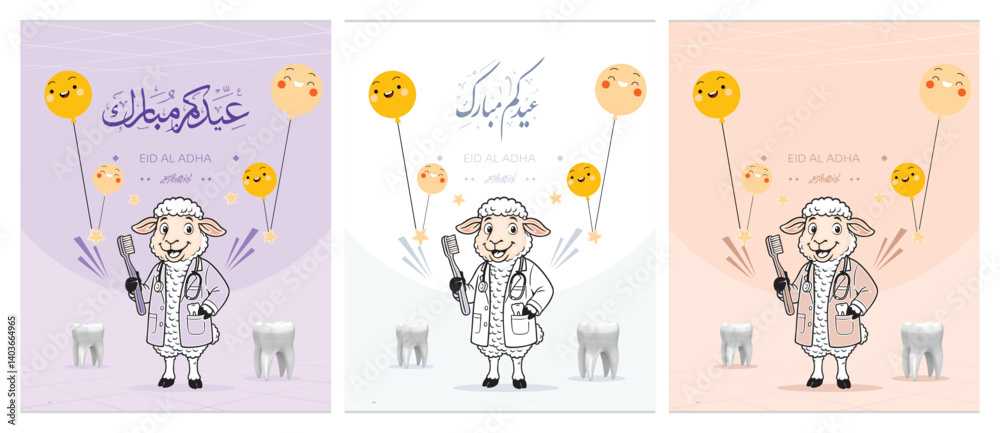 Cartoon Eid Al Adha sheep dentist illustrations with Arabic calligraphy, toothbrushes, dental chairs, and realistic tooth icons. Perfect for social media, clinic posts, and Eid greetings Cartoon Eid Al Adha sheep dentist illustrations with Arabic calligraphy, toothbrushes, dental chairs, and realistic tooth icons. Perfect for social media, clinic posts, and Eid greetings