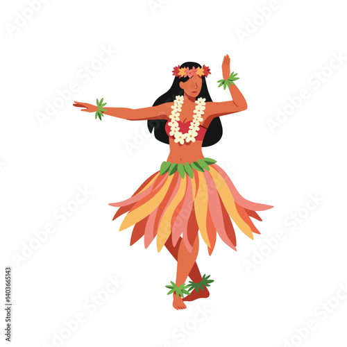 Hula dancer performing graceful movements in flat, colorful design vector art