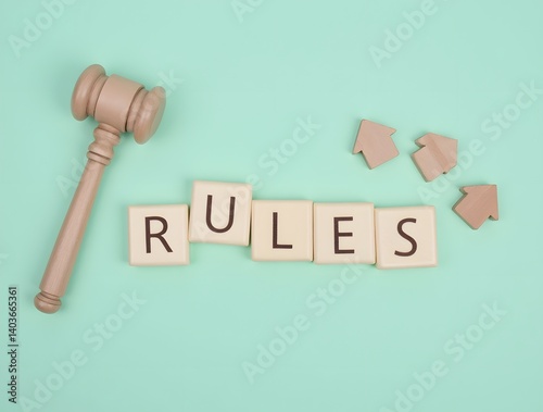 Blocks with the word Rules, a judge's gavel and miniature wooden houses. laws, regulations, and guidelines that govern the buying, selling, leasing, and managing of property. Flat lay