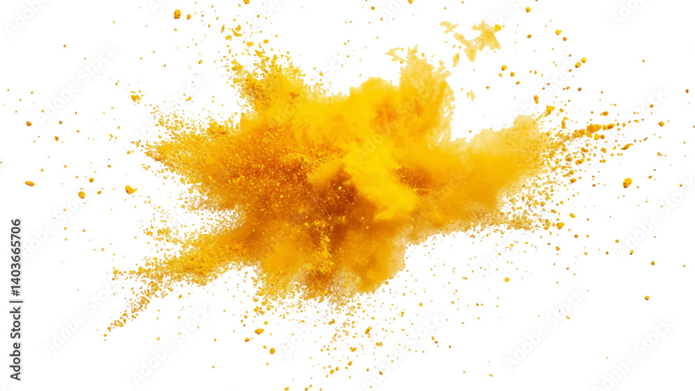 Holi paint explosion of dry yellow paints on a white transparent background. Colorful holi powder on white background. Holi paint explosion of dry yellow paints on a white transparent background. Colorful holi powder on white background.