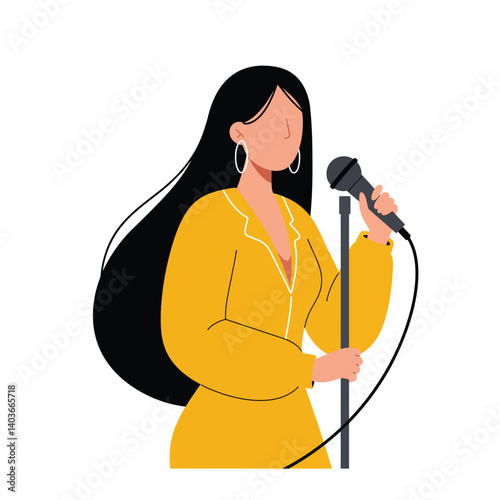 Singer holding a microphone in stylish yellow outfit flat vector art