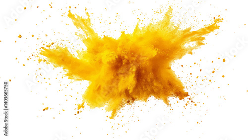 Holi paint explosion of dry yellow paints on a white transparent background.  Colorful holi powder on white background.