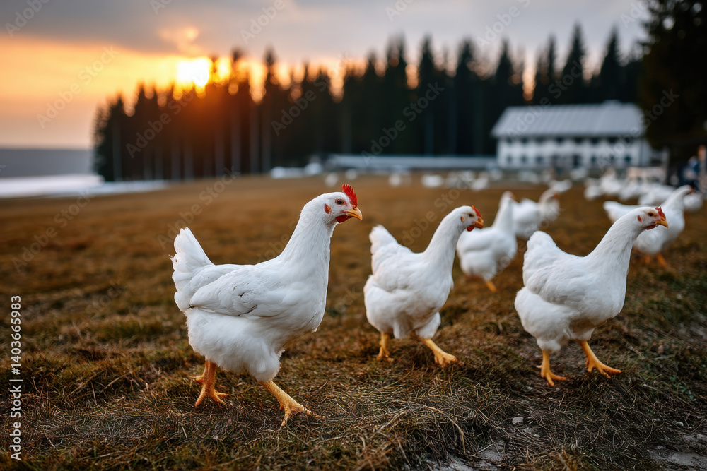 Fototapeta premium Chickens walking in a grassy field at sunset near a rustic building surrounded by trees in a serene countryside