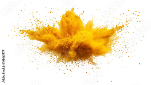Holi paint explosion of dry yellow paints on a white transparent background.  Colorful holi powder on white background.