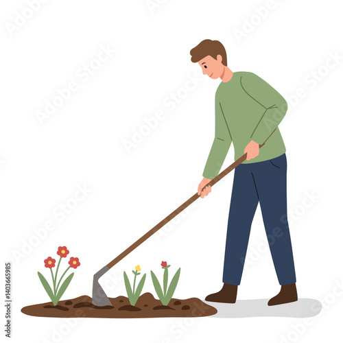 Person tending to flowers in garden with flat design style vector art