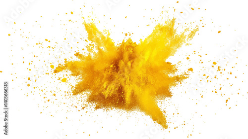 Holi paint explosion of dry yellow paints on a white transparent background.  Colorful holi powder on white background.