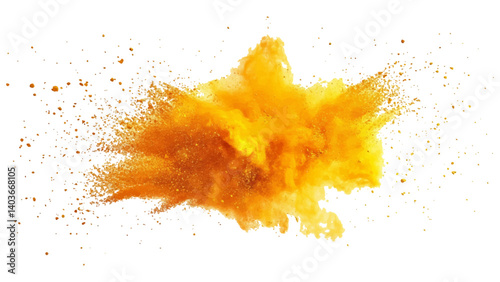 Holi paint explosion of dry yellow paints on a white transparent background.  Colorful holi powder on white background.
