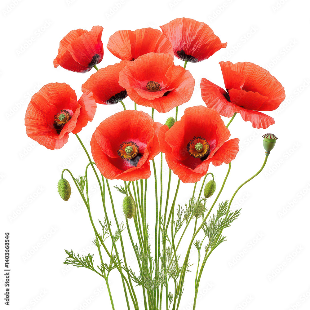 Fototapeta premium Red Poppies Bouquet: A vibrant bouquet of red poppies, their delicate petals unfurled in full bloom, creates a striking image against a clean background.