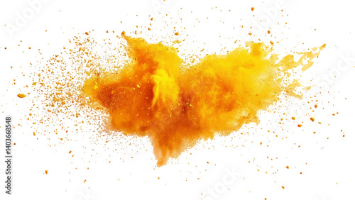 Holi paint explosion of dry yellow paints on a white transparent background.  Colorful holi powder on white background.