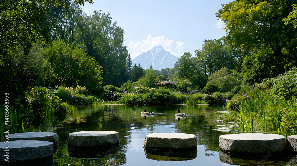Fototapeta premium Peaceful Garden Pond With Mountain View