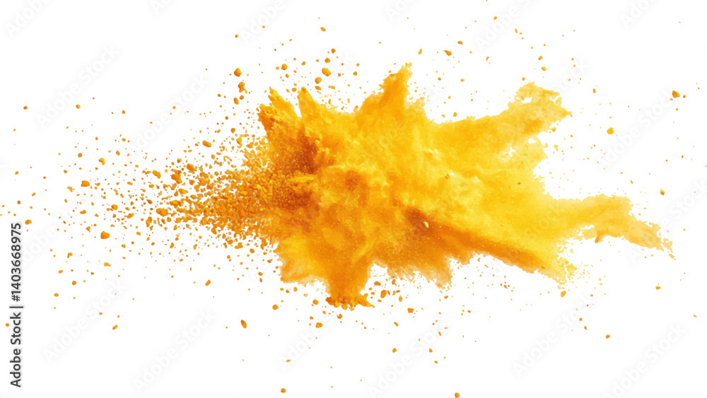 Holi paint explosion of dry yellow paints on a white transparent background. Colorful holi powder on white background. Holi paint explosion of dry yellow paints on a white transparent background. Colorful holi powder on white background.