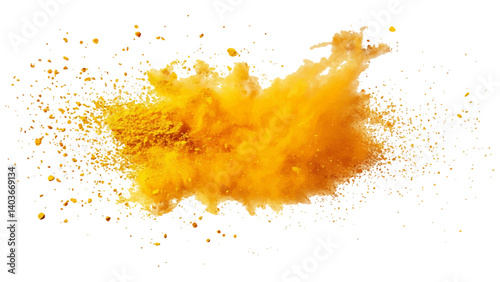 Holi paint explosion of dry yellow paints on a white transparent background.  Colorful holi powder on white background.