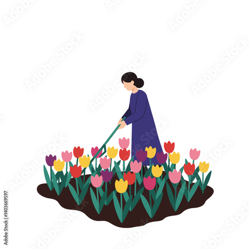 Woman tending to colorful tulip garden in flat vector art style