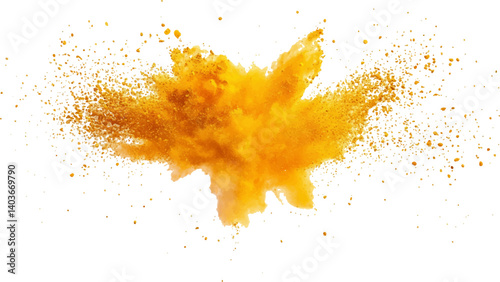 Holi paint explosion of dry yellow paints on a white transparent background.  Colorful holi powder on white background.