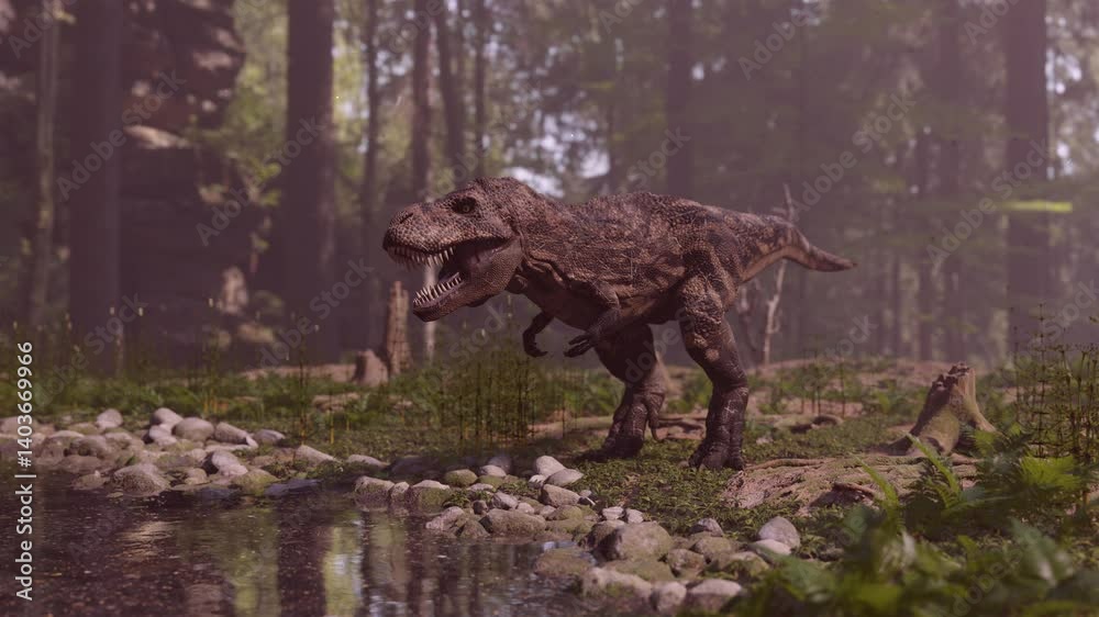 Tyrannosaurus near the forest swamp