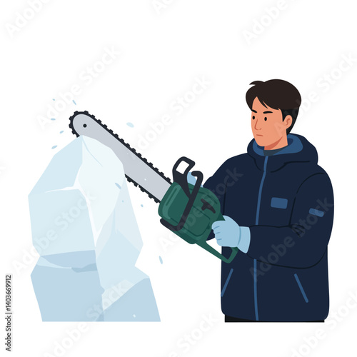 Person using chainsaw to sculpt ice in flat vector illustration style