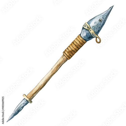 Harpoon With Wooden Shaft, vector watercolor illustration, isolated on a white background.