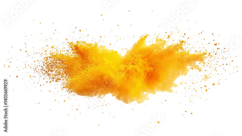 Holi paint explosion of dry yellow paints on a white transparent background.  Colorful holi powder on white background.