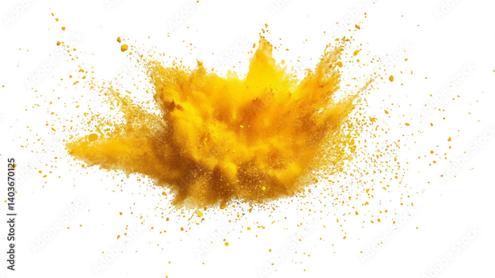Holi paint explosion of dry yellow paints on a white transparent background. Colorful holi powder on white background. Holi paint explosion of dry yellow paints on a white transparent background. Colorful holi powder on white background.