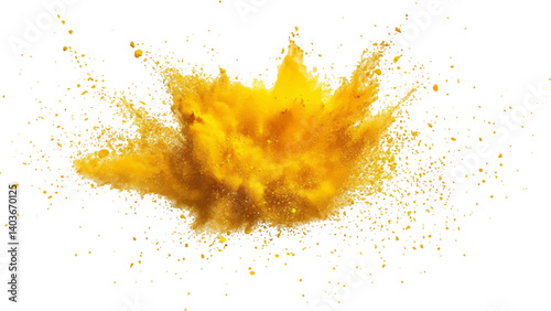 Holi paint explosion of dry yellow paints on a white transparent background.  Colorful holi powder on white background.