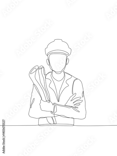Continuous one line drawing of an architect or engineer wearing a safety helmet and holding blueprints. Minimalist single line art style. Vector Editable stroke