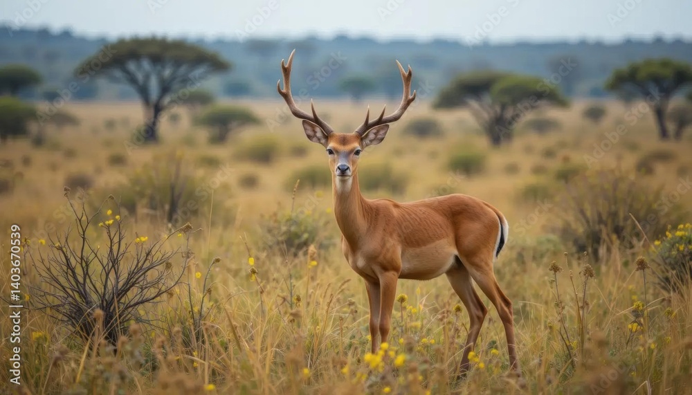 Fototapeta premium Majestic Red Deer Buck in Savanna Grassland, Striking Antler Display