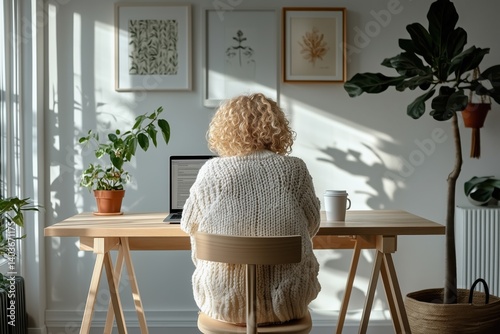 A woman sits at a desk with a laptop and a mug