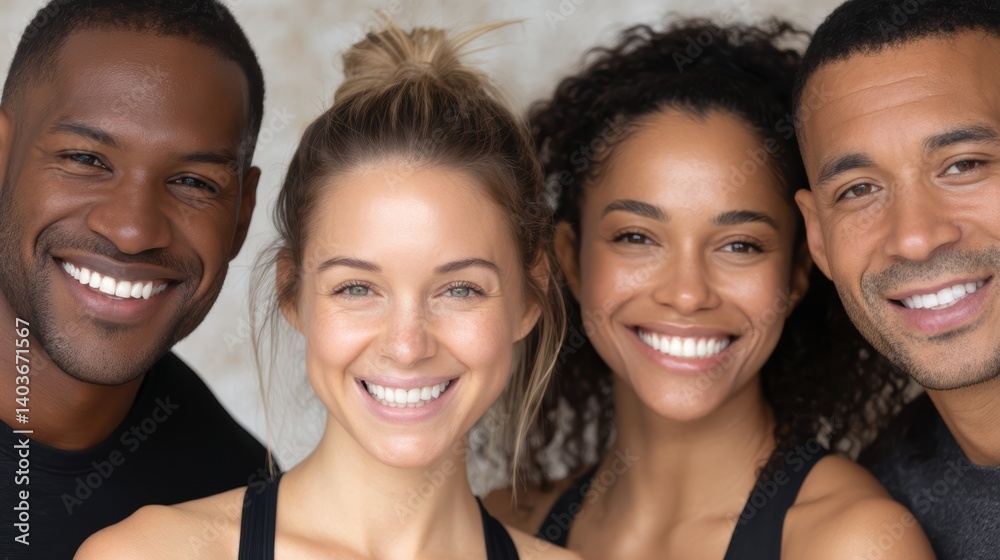 Diverse group of friends sharing smiles and wellness moments indoors during a fitness class Diverse group of friends sharing smiles and wellness moments indoors during a fitness class