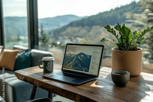 A laptop is open on a wooden desk with a potted plant and a cup of coffee