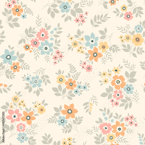 Beautiful floral pattern in small vintage flowers. Small blue, pink and yellow flowers. Ivory beige background. Ditsy print. Floral seamless background. Gentle template for fashion prints. Stock 
