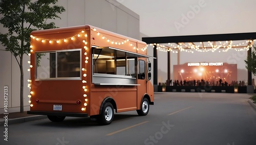 Stylish Food Truck with Glowing String Lights Near Summer Concert Venue in Warm, Minimalist Setting  
