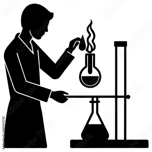 A silhouette of a person using a Bunsen burner, heating a test tube in a laboratory