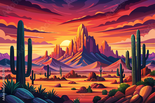 Arizona desert view with Superstitious mountains and Saguaro cactus vector cartoon at sunset time