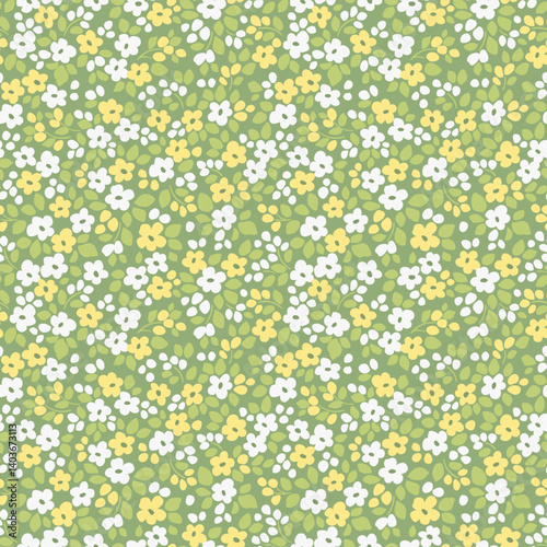 Flower Easter pattern, ditsy floral seamless pattern, small little cute yellow and white flowers green background. Floral repeat pattern. Ditsy print, surface design. Ditsy floral for fashion, fabric