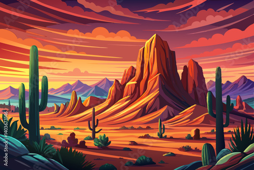 Arizona desert view with Superstitious mountains and Saguaro cactus vector cartoon at sunset time