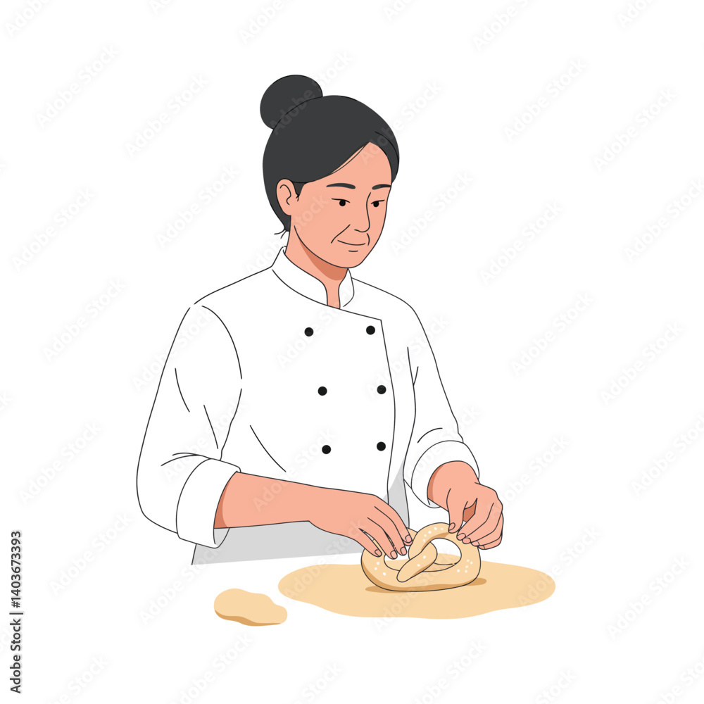 Chef preparing dough with focused expression in detailed flat vector art Chef preparing dough with focused expression in detailed flat vector art