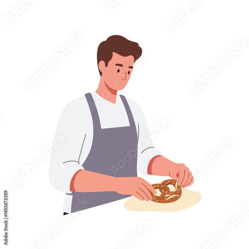 Man skillfully preparing pretzels in flat style vector art illustration