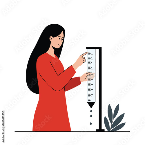 Woman measuring liquid level in a graduated cylinder flat vector illustration