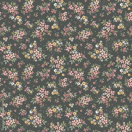 Vintage seamless floral pattern. Ditsy style background of small pastel flowers. Small blooming daisy flowers scattered over a brown background. Stock vector for printing on surfaces and web design.